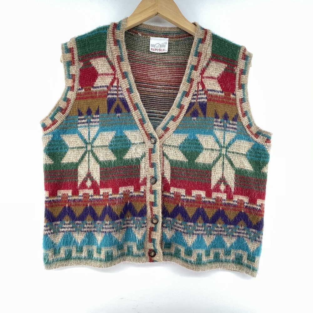 Vintage Denim Republic Women L Sweater Vest Multicolor Geometric Aztec Faux Wool